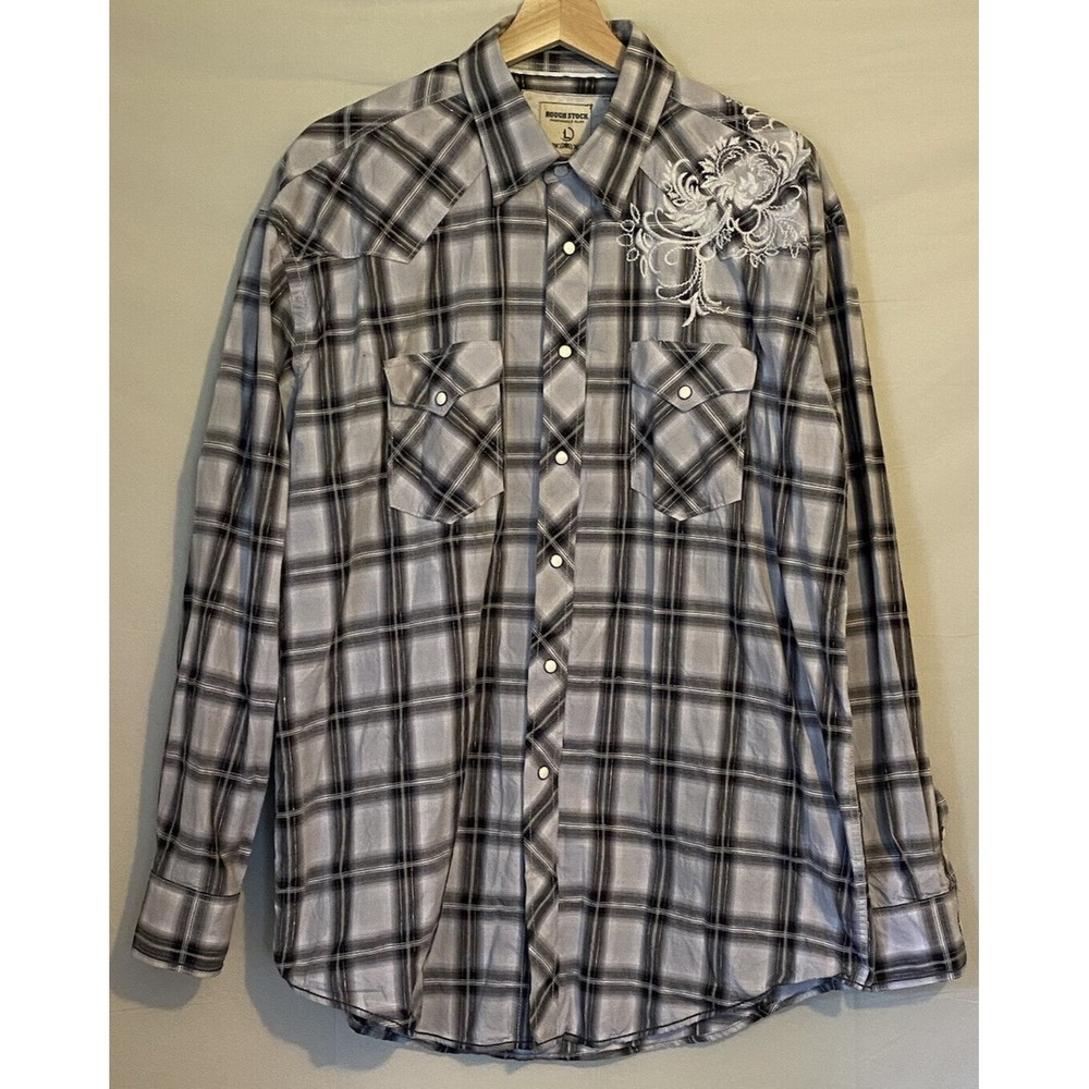Rough Stock Panhandle Slim Pearl Snap Shirt Mens Large Gray Black Plaid Western